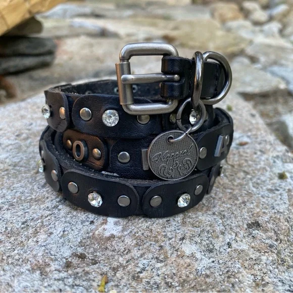 VNtG Y2K KAPORAL Leather Stud Rhinestone Skinny Belt Black Silver Wrap 90cm 34in - Picture 13 of 14